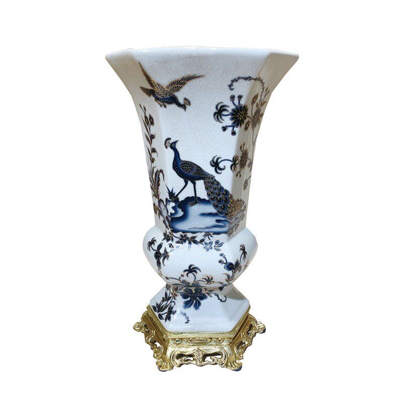 陶瓷配铜孔雀描金六方花瓶摆件 客厅玄关餐桌花插样板间家居饰品