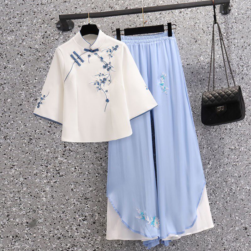唐装女成人汉服夏季新中式复古国风改良旗袍阔腿裤套装茶服工作服