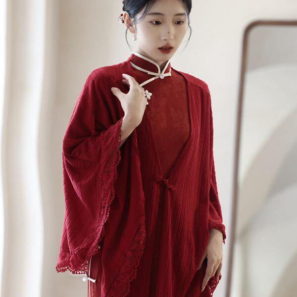 复古民国风红色配旗袍披肩结婚敬酒服新娘秋冬季针织外套披风外搭