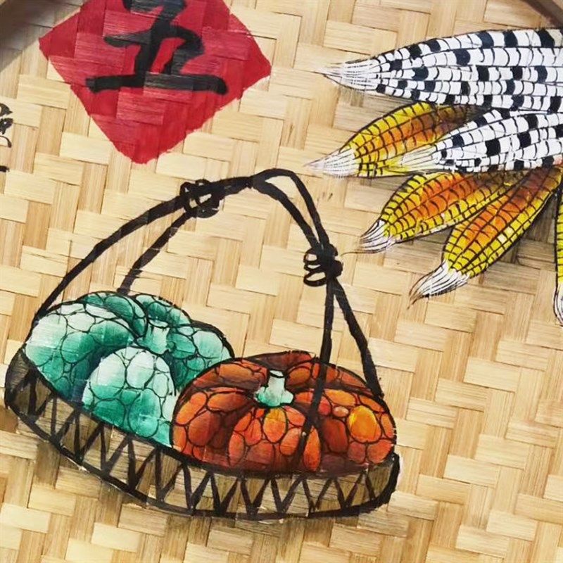 手绘簸箕画竹编制品墙壁挂件饭店农庄装饰农家乐墙面挂饰五谷丰登