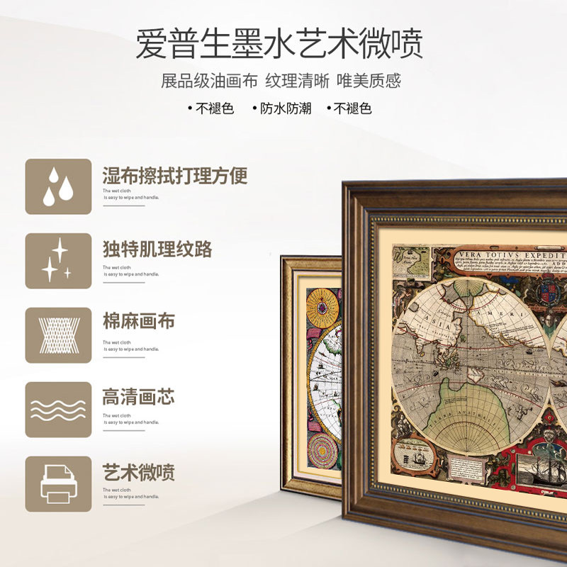 世界风光书房装饰画复古航海图挂画欧式客厅背景墙壁画高级感创意
