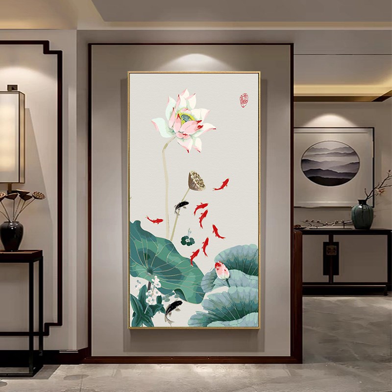 竖版新中式DIY数字油彩画九鱼图招财挂画客厅玄关走廊荷花装饰画
