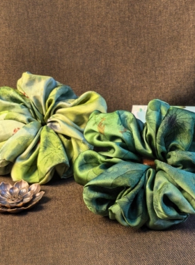 荷塘月色绿色双面双色真丝大肠发圈暖阳发饰扎马尾橡皮筋发绳头绳