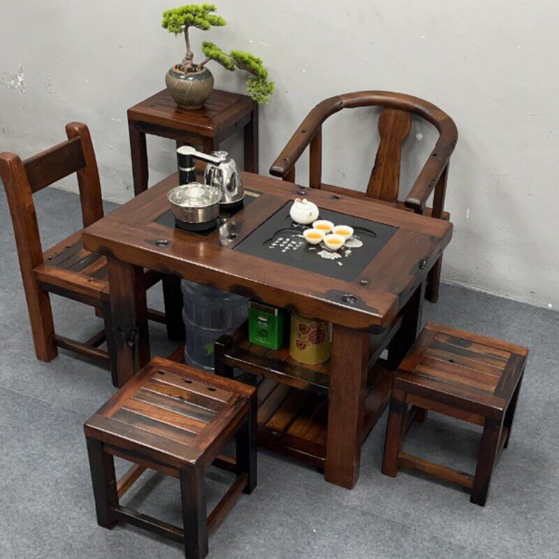 老船木茶几椅子组合实木仿古阳台小茶几户外防晒茶几简易原木休闲