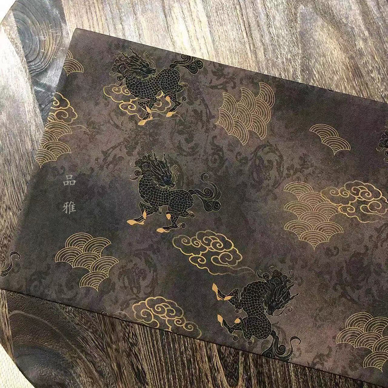 定制麒麟纹老料香云纱茶席双面茶垫轻奢布艺隔热茶道古朴桌旗复古