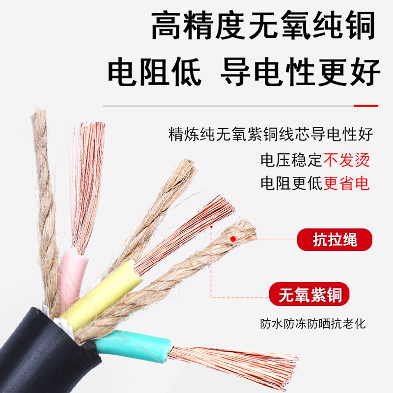 三芯电源线3芯电缆线 铜芯三相电线插头带线2.5平方铜芯电线 软线