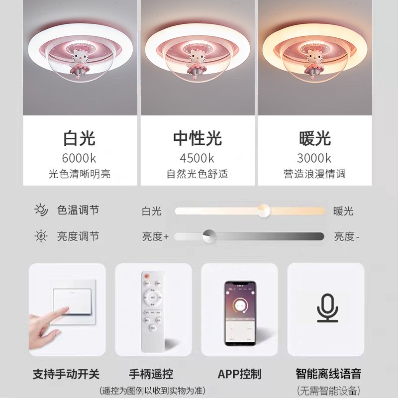 儿童房吸顶灯女孩护眼全光谱智能语音kt猫可旋转公主房灯卧室灯具