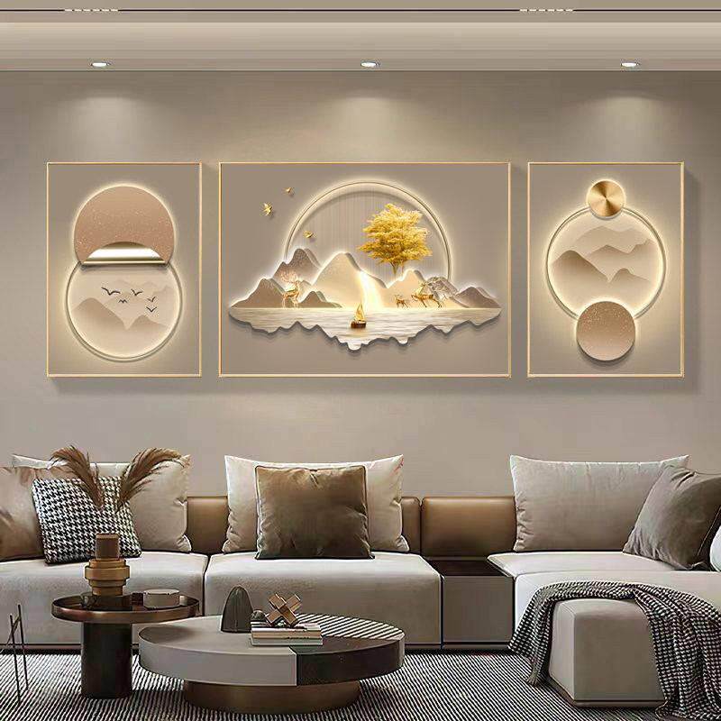 客厅装饰画背有靠山麋鹿抽象沙发背景墙挂画高档发财树三联画挂画