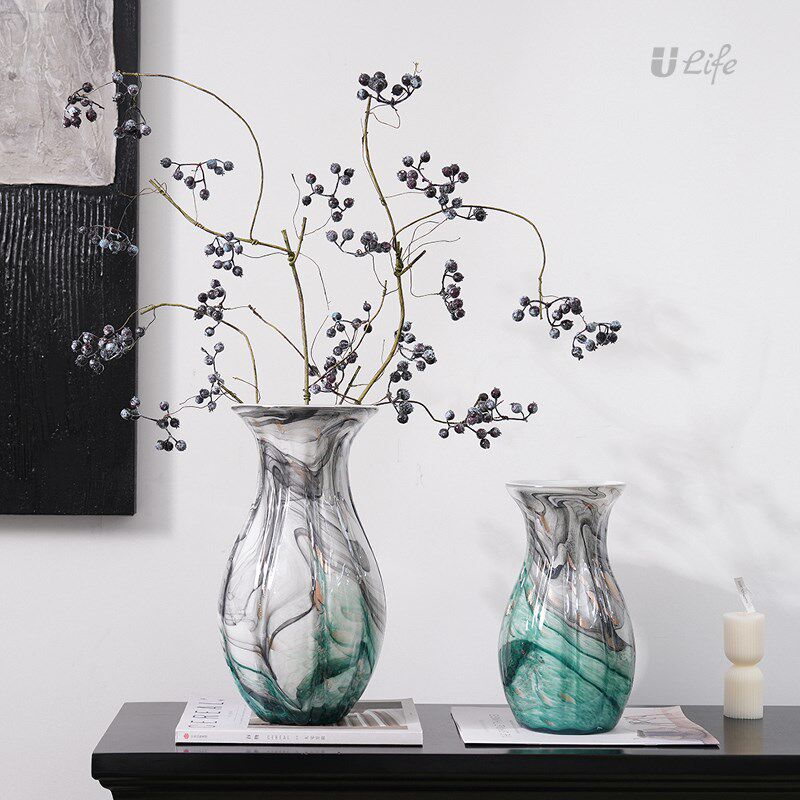 水墨画艺术琉璃花瓶摆件现代玄关餐桌装饰品客厅插花花器孔雀羽毛