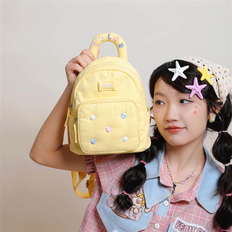 遇后帆布包原创糖豆格子包多巴胺背包小型双肩包小众少女迷你书包