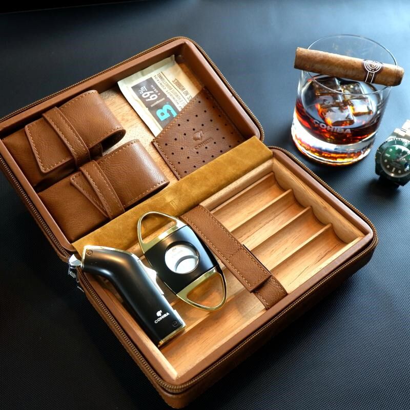 端雪茄皮盒 便携保湿盒进口雪松 雪茄剪火机套装雪茄剪雪茄包