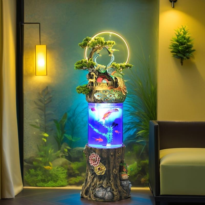 新中式轻奢流水生财金鱼缸摆件客厅落地圆柱形金鱼缸景喷泉加湿器