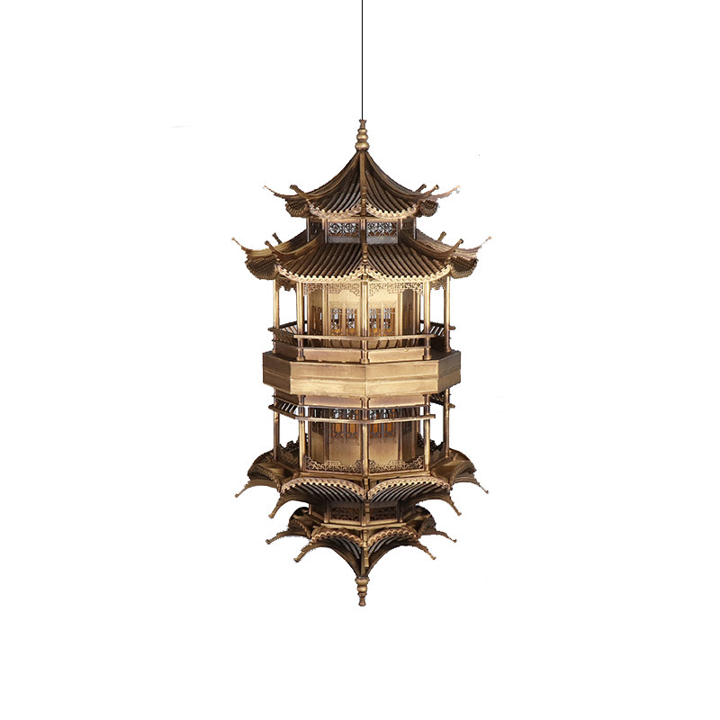 新中式镜像倒影古铜色八角塔凉亭工艺品样板房软装饰品电视柜摆件