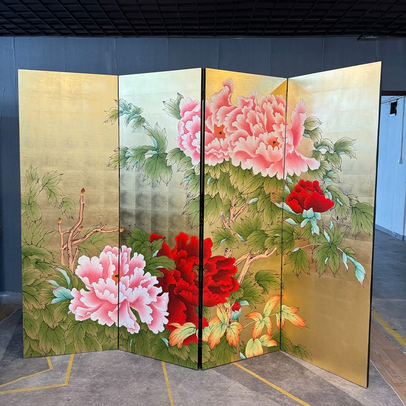 手绘日式金箔漆画屏风手绘牡丹隔断折叠背景九鱼图屏风可移动可定