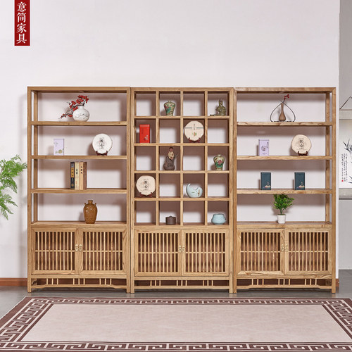 新中式实木博古架榆木家具书柜置物架多宝阁摆件茶室茶叶架展示柜