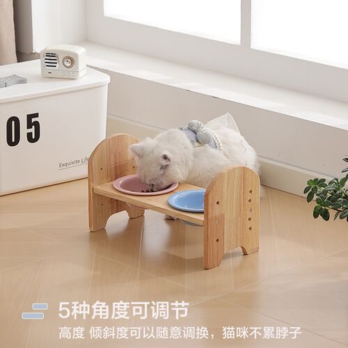 猫碗实木可调节陶瓷碗架子防打翻饭碗双碗三连碗猫食盆猫狗通用