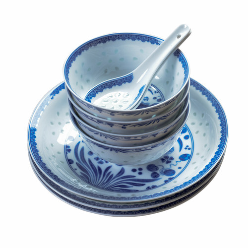 古镇陶瓷景德镇家用厨房餐具饭碗汤碗盘碟勺散件组合釉中彩玲珑瓷