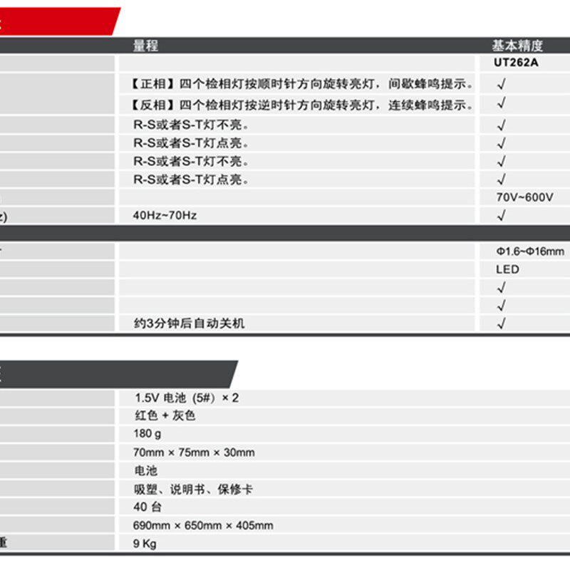 优利德UT262A/UT262C 非接触检相器相位检测仪 钳形感应式相序表