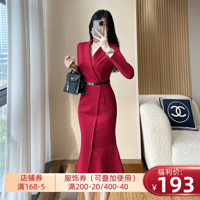 红色气质西装裙连衣裙秋冬女神范职业装高端精致显瘦礼服鱼尾裙子