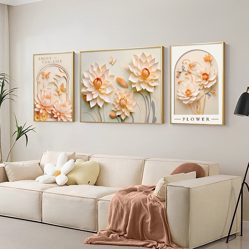奶油风花开富贵客厅装饰画手绘油画沙发背景墙挂画三联壁画高级感