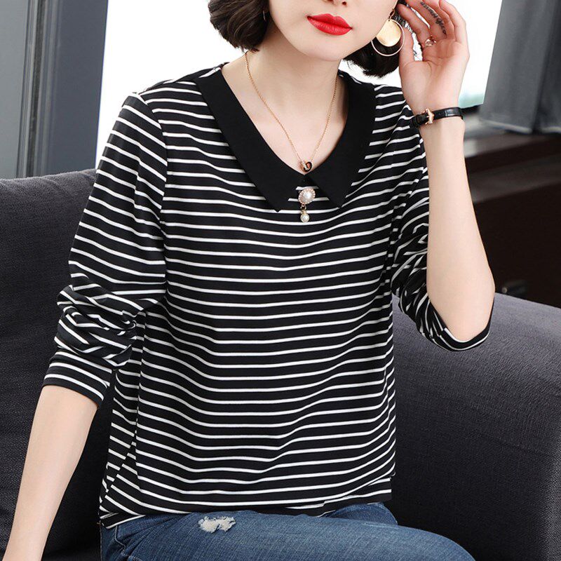 中老年妈妈春秋装新款时尚洋气翻领大码条纹上衣服纯棉长袖t恤女