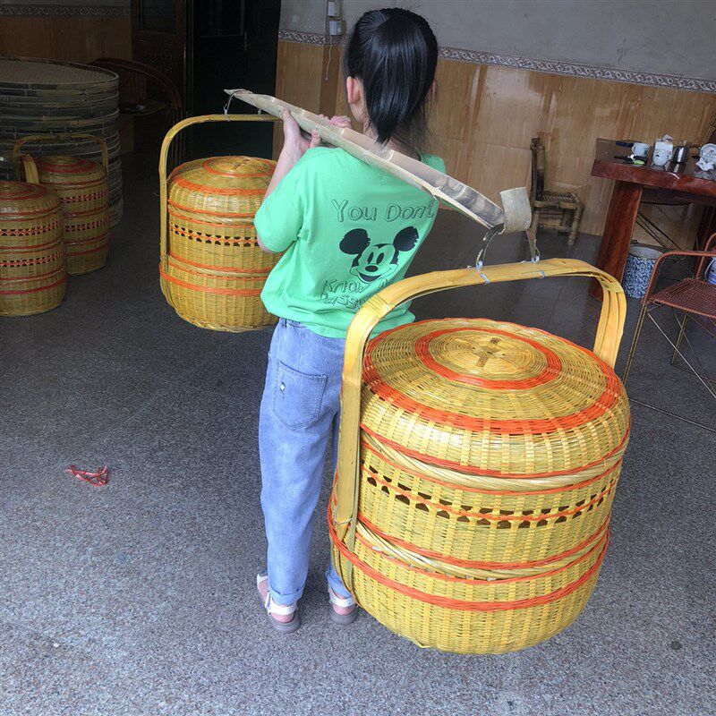 特色手工竹编篮带盖手提篮双层送餐篮竹制品竹编竹篓竹篮子婚庆篮