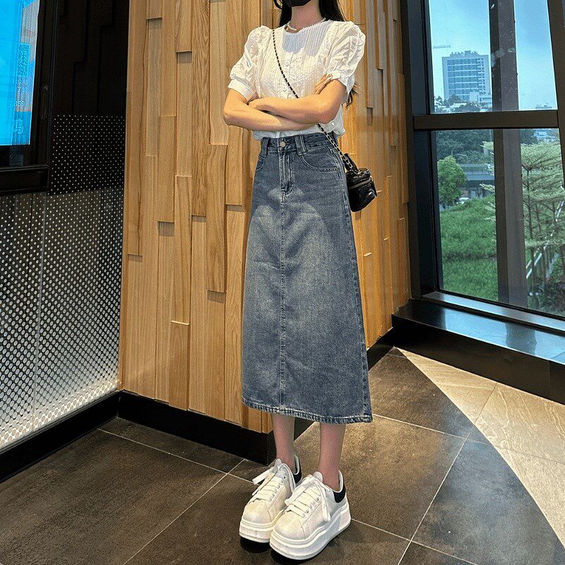 设计感开叉小个子夏季牛仔半身裙女中长款显瘦宽松高腰A字包臀裙
