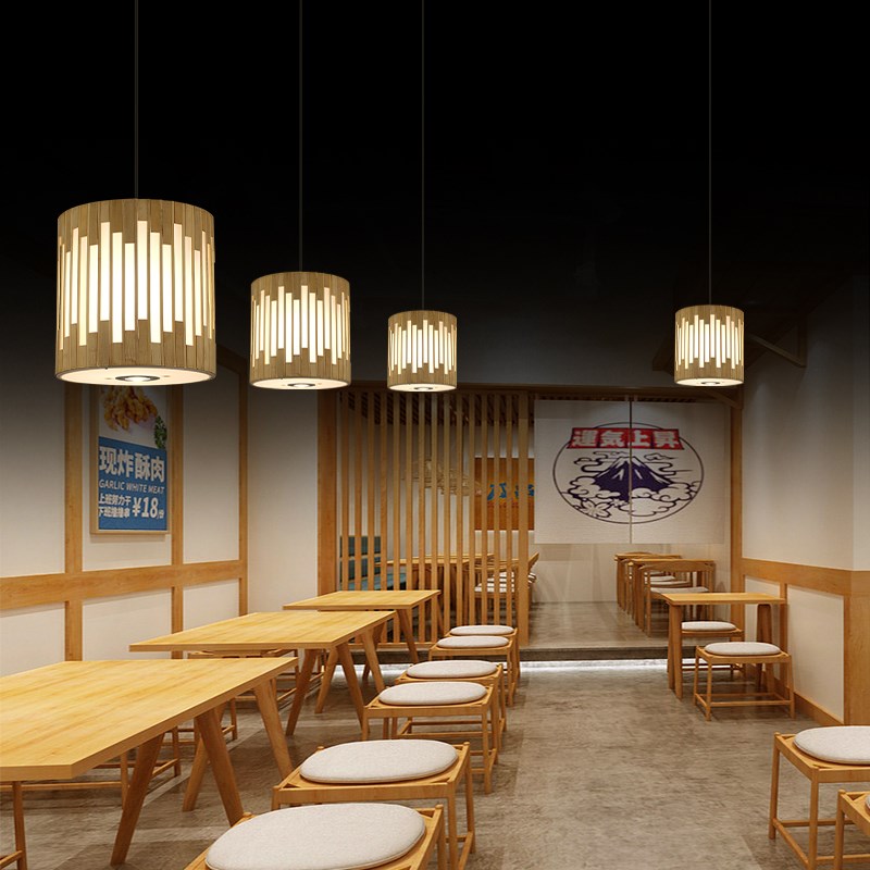 日式竹编餐厅店铺火锅店吊灯带射灯商用餐饮饭店包厢卡座竹艺灯笼