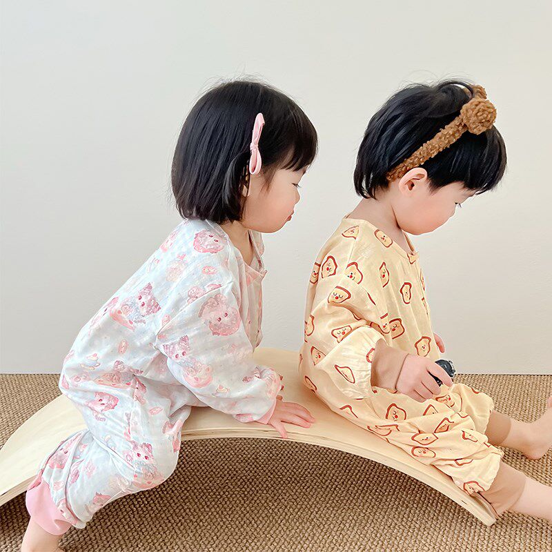 宝宝连体睡衣春夏男童双层纱布睡袋婴儿薄款护肚防踢儿童家居服女