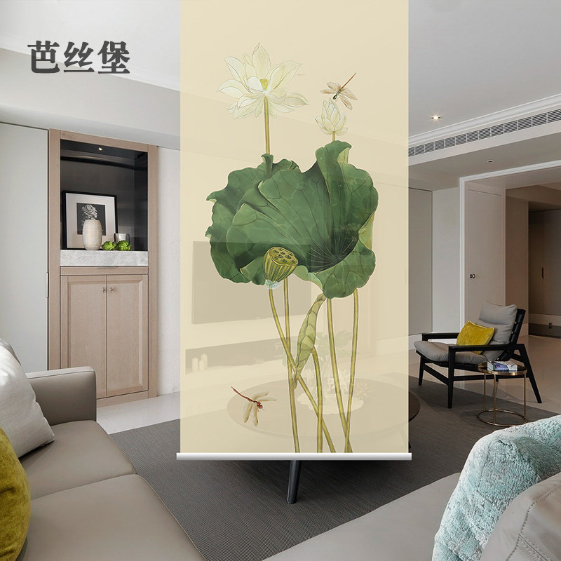 新中式卷帘窗帘软隔断升降屏风拉挂帘子客厅卧室手拉布艺玄关挂画