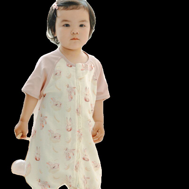 婴儿睡袋夏季薄款双层纱布短袖宝宝前四后二护肚儿童睡袋防踢被