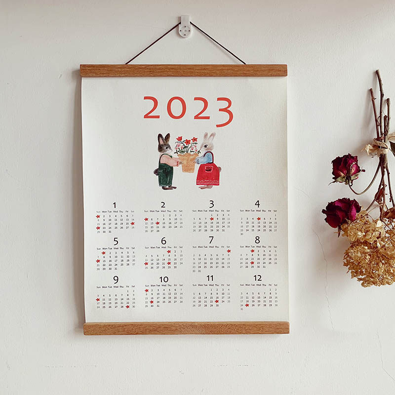 2023年兔年兔子日历挂轴画装饰画日式柚木胡桃木挂轴杆棉画布挂历