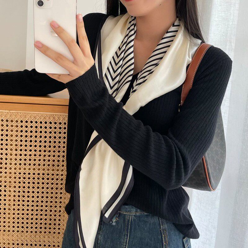 北欧简约条纹90真丝丝巾抹胸大方巾系腰女夏季桑蚕丝披肩薄款围巾
