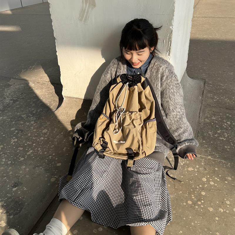 抽绳双肩包复古尼龙书包男女通用大学生运动户外登山背包小众设计