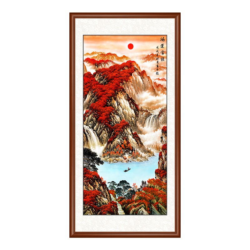 中式入户玄关装饰画过道壁画走廊竖版国画山水画鸿运当头风水挂画