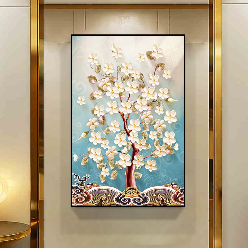 摇钱树装饰画竖版发财树挂画欧式走廊过道壁画进门玄关画招财风水