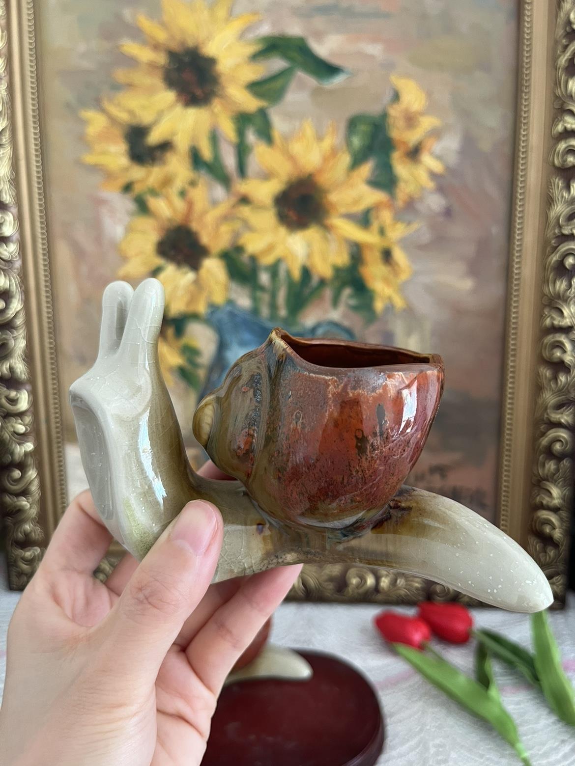 高温冰裂开片陶瓷蜗牛花盆摆件,外贸出口花园鱼缸造景