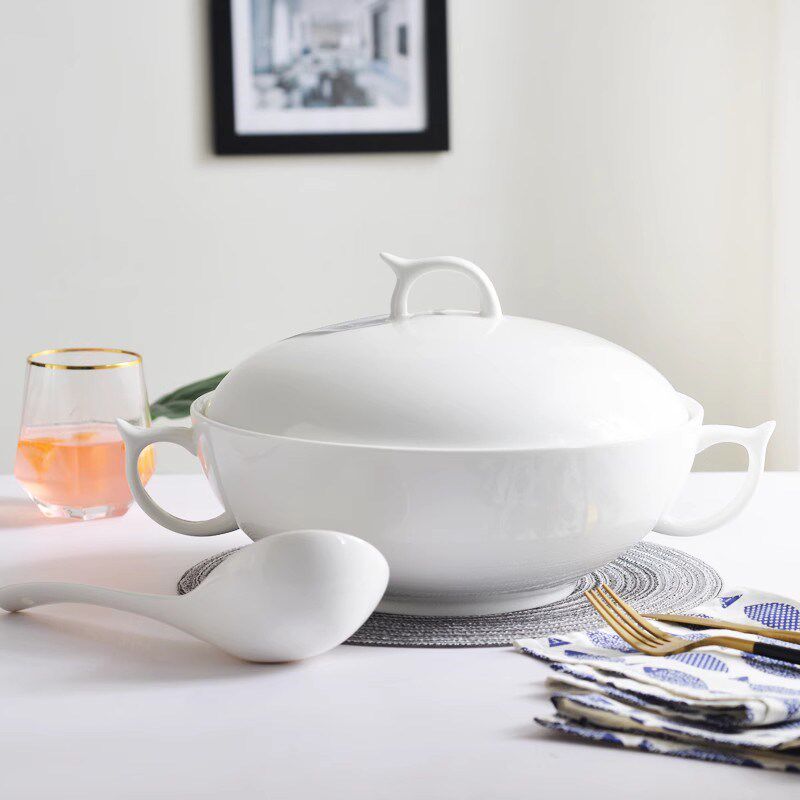 唐山家用纯白骨瓷10英寸韩式品锅陶瓷器餐具套装汤锅大汤碗