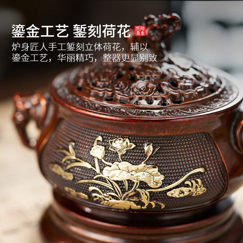 纯黄铜大象盘香炉家用客厅办公茶桌象鼻双耳苏工莲花香薰炉摆件