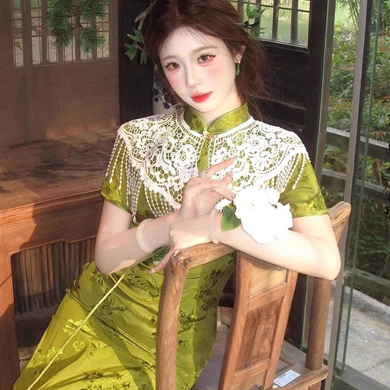旗袍云肩新中式珍珠流苏披肩女外搭小坎肩中国风汉服领子蕾丝配饰