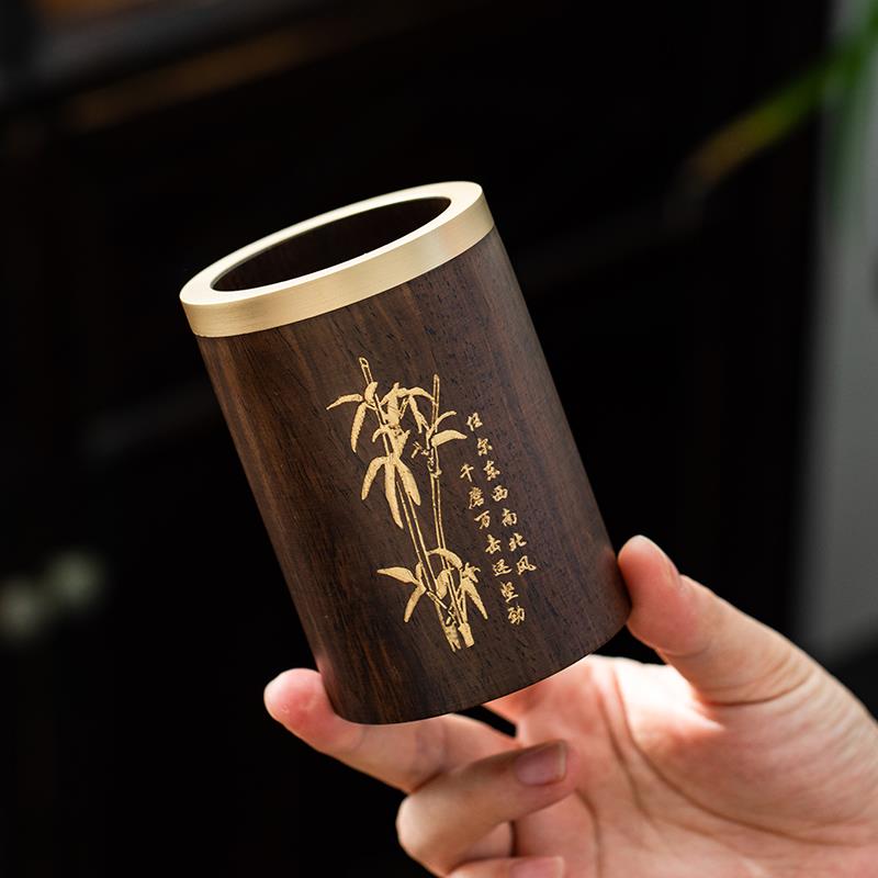 黑檀木茶道六君子单筒茶筒笔筒茶道收纳筒收纳罐茶具配件茶桌摆件