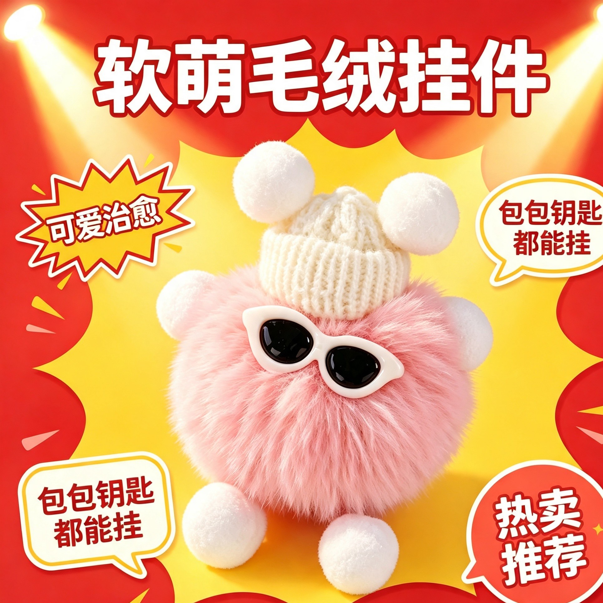 带针织帽眼镜小煤球毛绒挂饰 少女心包包汽车钥匙扣配饰小礼物