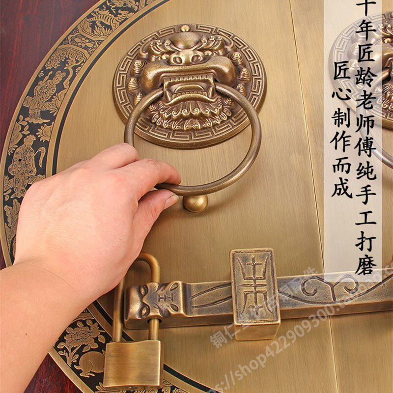 中式仿古圆形兽头大门铜拉手复古别墅会所纯铜门栓把手狮子头门环
