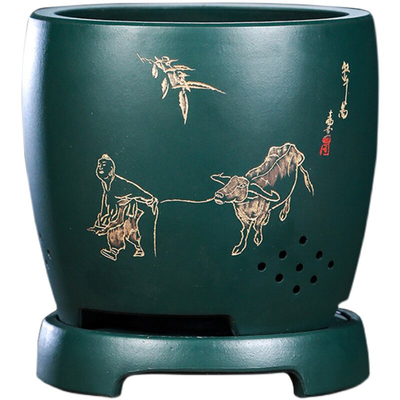 紫砂花盆家用君子兰花盆带托盘大口径兰花花盆蝴蝶兰绿植陶瓷花盆