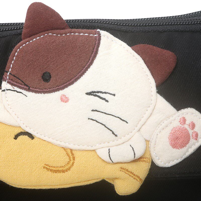 Kine猫 捉鱼猫手拿包双层拉链日系卡通棉布女小巧收纳包零钱卡包