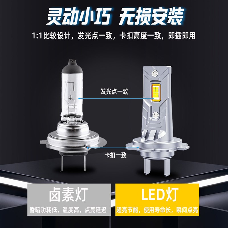 汽车LED大灯H7直插款近光灯H1远光灯H4远近一体9005激光车灯改装