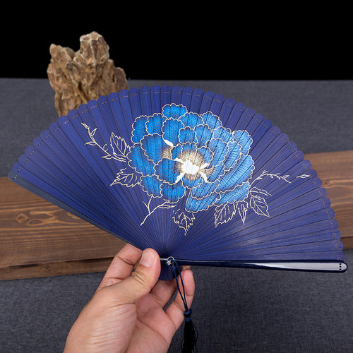 中国风描金牡丹花女式折扇古风全竹扇古典工艺品随身小扇子礼品扇
