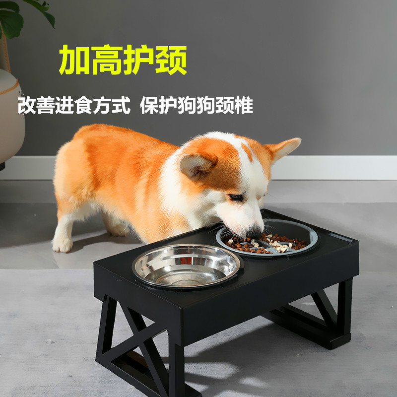 宠物碗高架可调节15度倾斜护颈碗中大型犬慢食碗不锈钢狗饭盆水碗