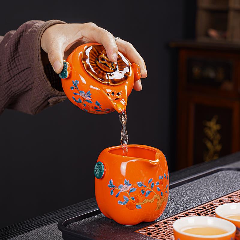 柿柿如意2026新款功夫茶具套装家用轻奢高档陶瓷茶杯手抓泡茶壶器
