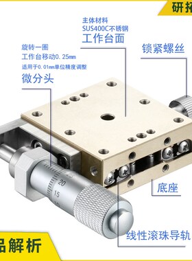 研拓精密XY轴位移平台不锈钢LBX/LBY40/50/60手动滑台精密微调型